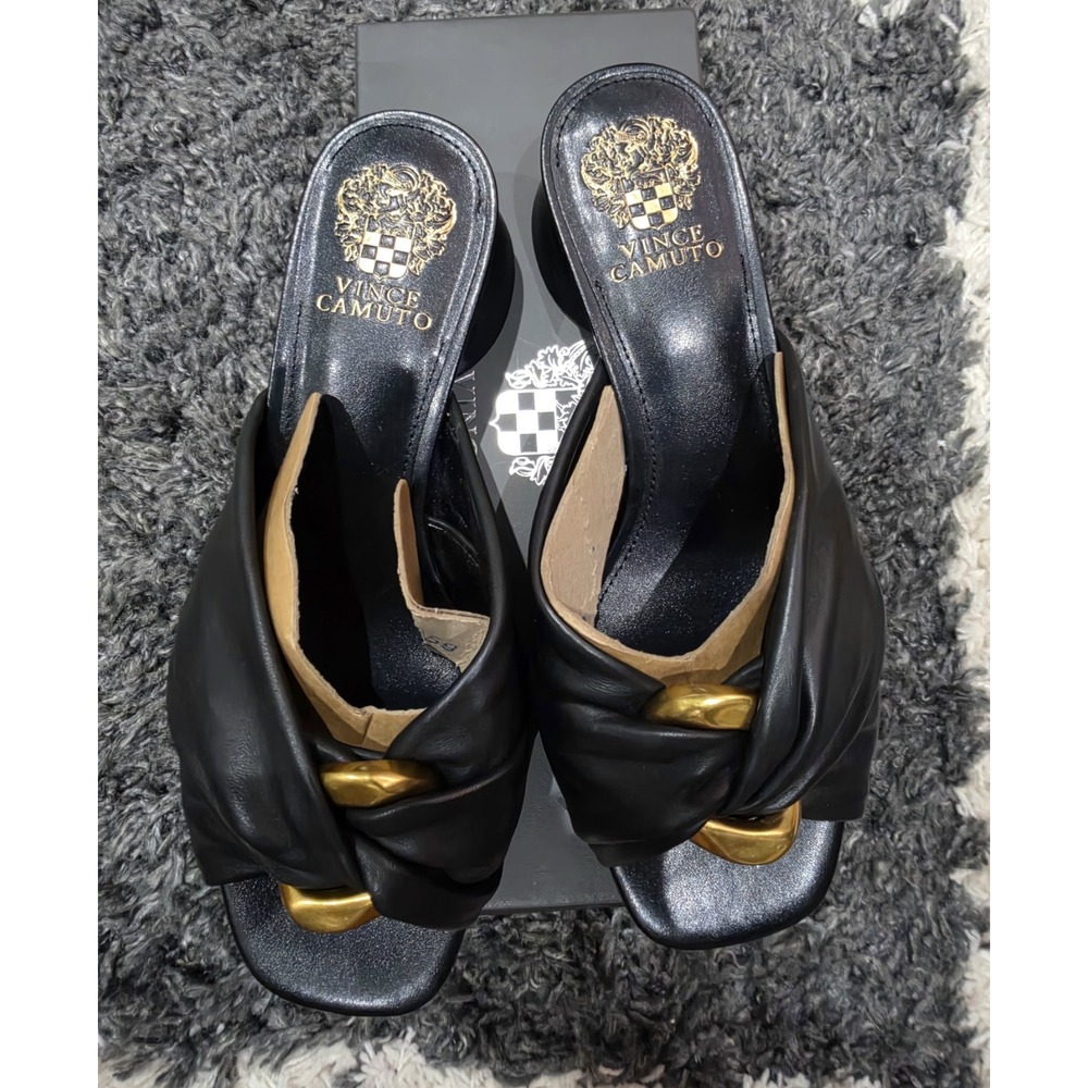 Vince Camuto Shoes Womens Black VC-Liane Leather Slip On Mules Heels Size 9M